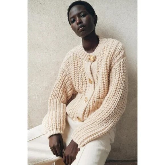 NWT!! ZARA Chunky Knit Cardigan Sweater Solid Ivory Blogger Favorite Small - Picture 5 of 16